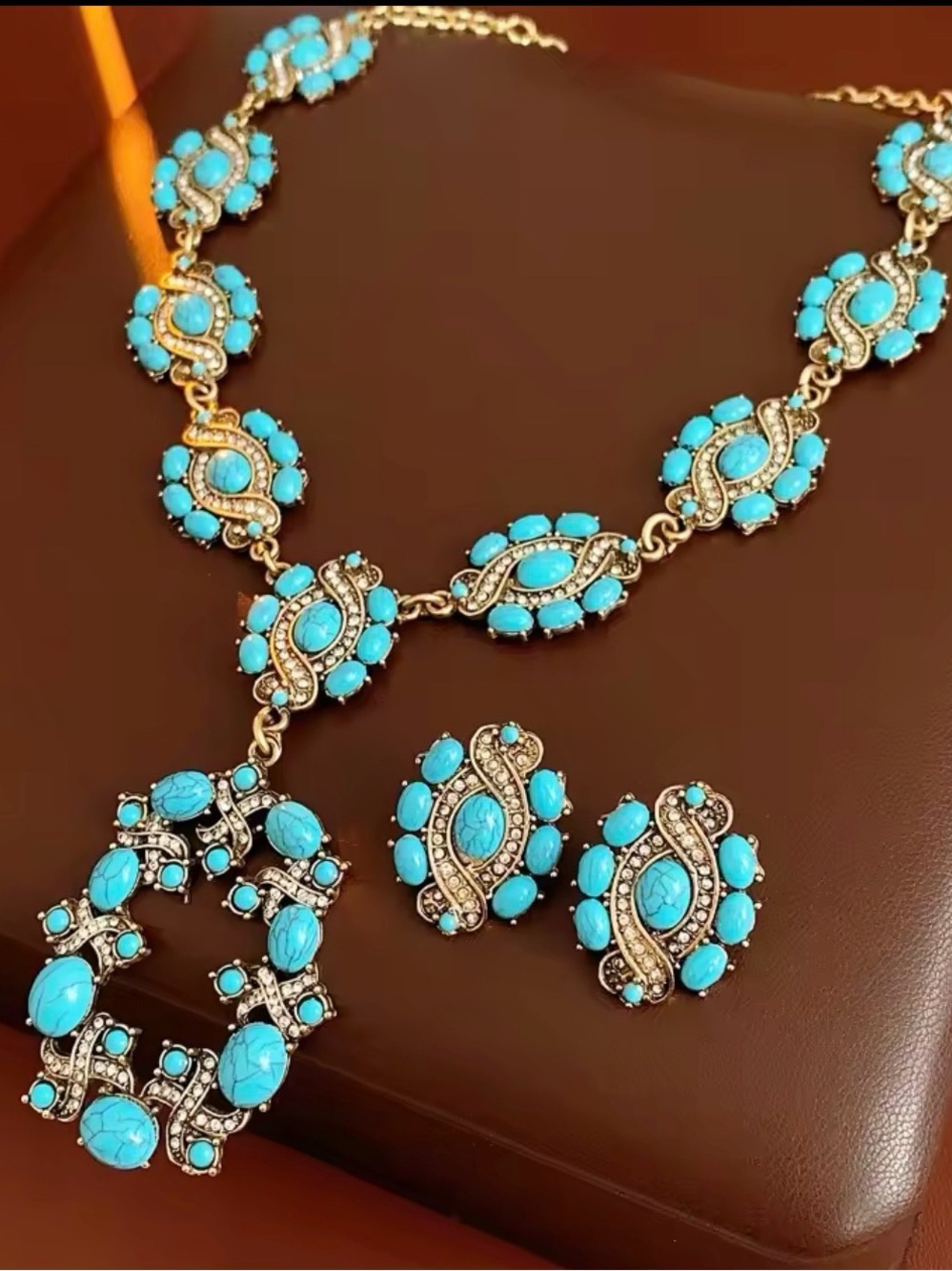 Turquoise Stone Gold-Tone Statement Necklace and Earring Set